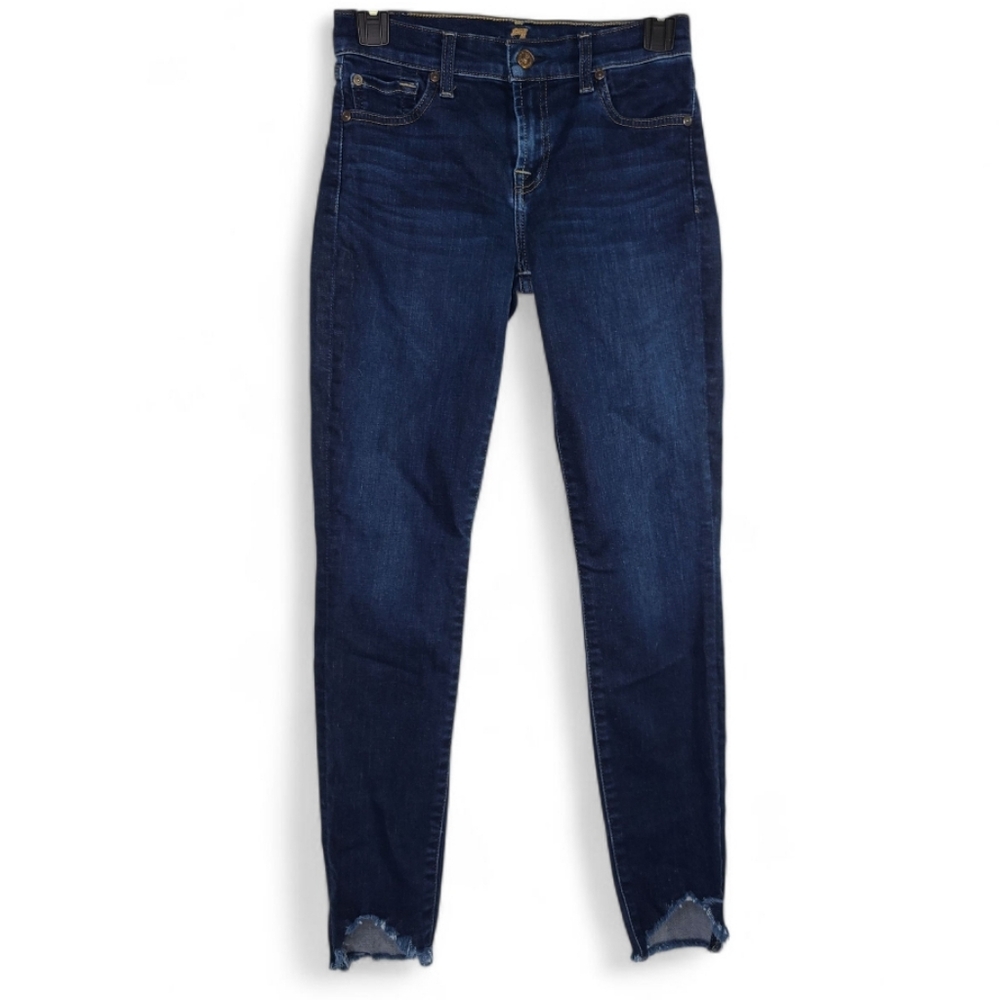 7 FOR ALL MANKIND The Ankle Skinny Jeans Wavy Frayed Hem Sz 26 Medium Wash 7FAM
